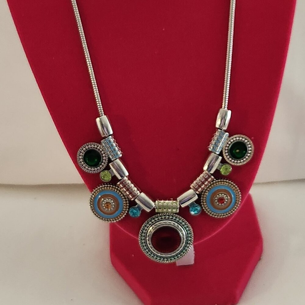 THREE FOR $20 Colorful silver tone necklace green red blue costume NIP